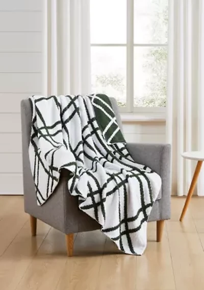 White and Green Feathered Knit Throw Blanket