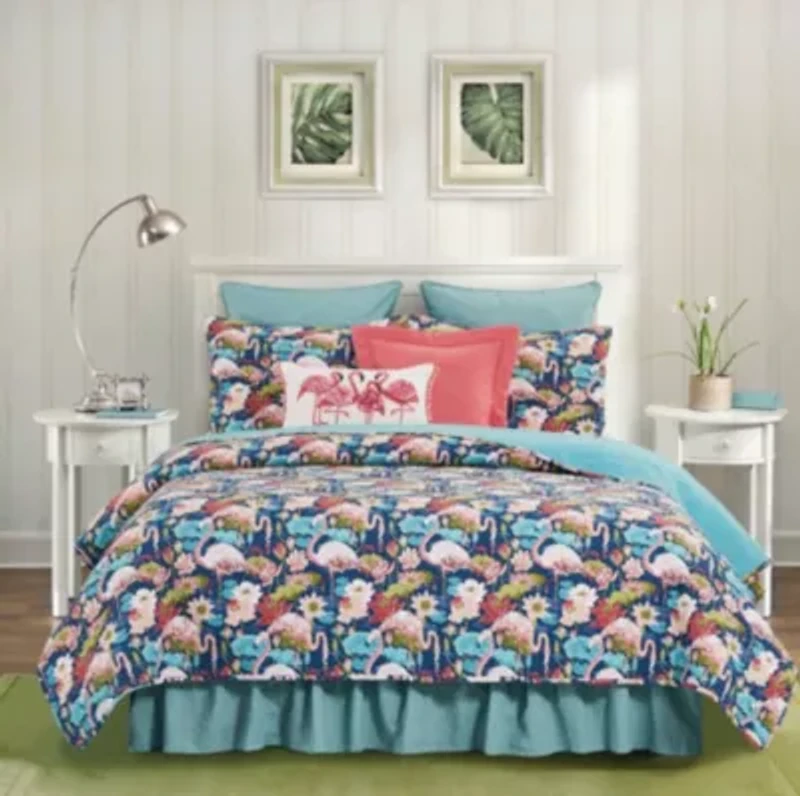 Flamingo Lagoon Tropical Theme King Quilt Set