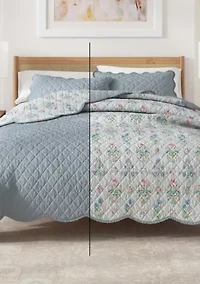 Blue Floral Scalloped Quilt Set