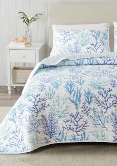 Blue Watercolor Coral Quilt Set