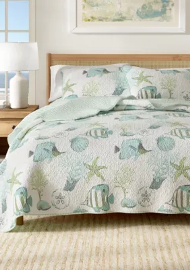 Blue Fish & Coral Coastal Quilt Set