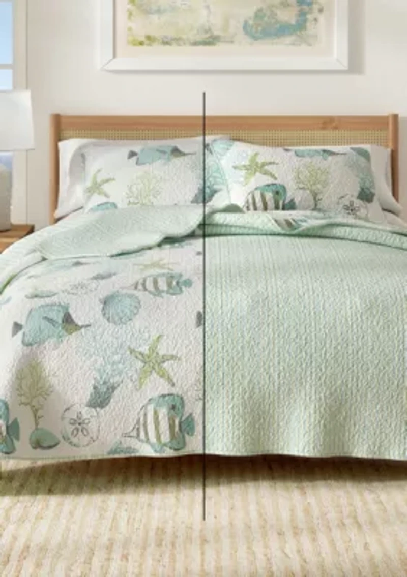 Blue Fish & Coral Coastal Quilt Set