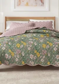 Floral Scalloped Cotton Quilt and Sham Set