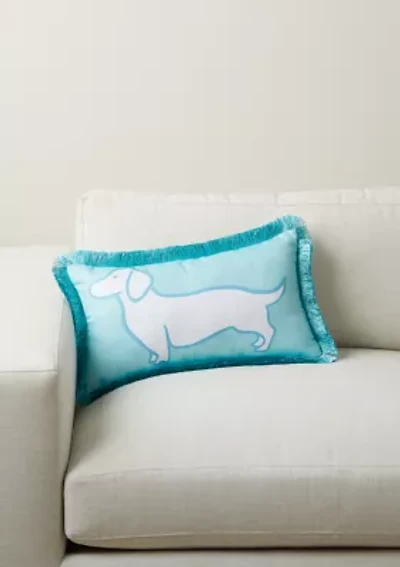 Dog Teal Lumbar Outdoor Pillow with Fringes