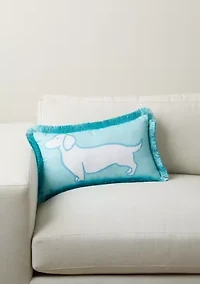 Dog Teal Lumbar Outdoor Pillow with Fringes