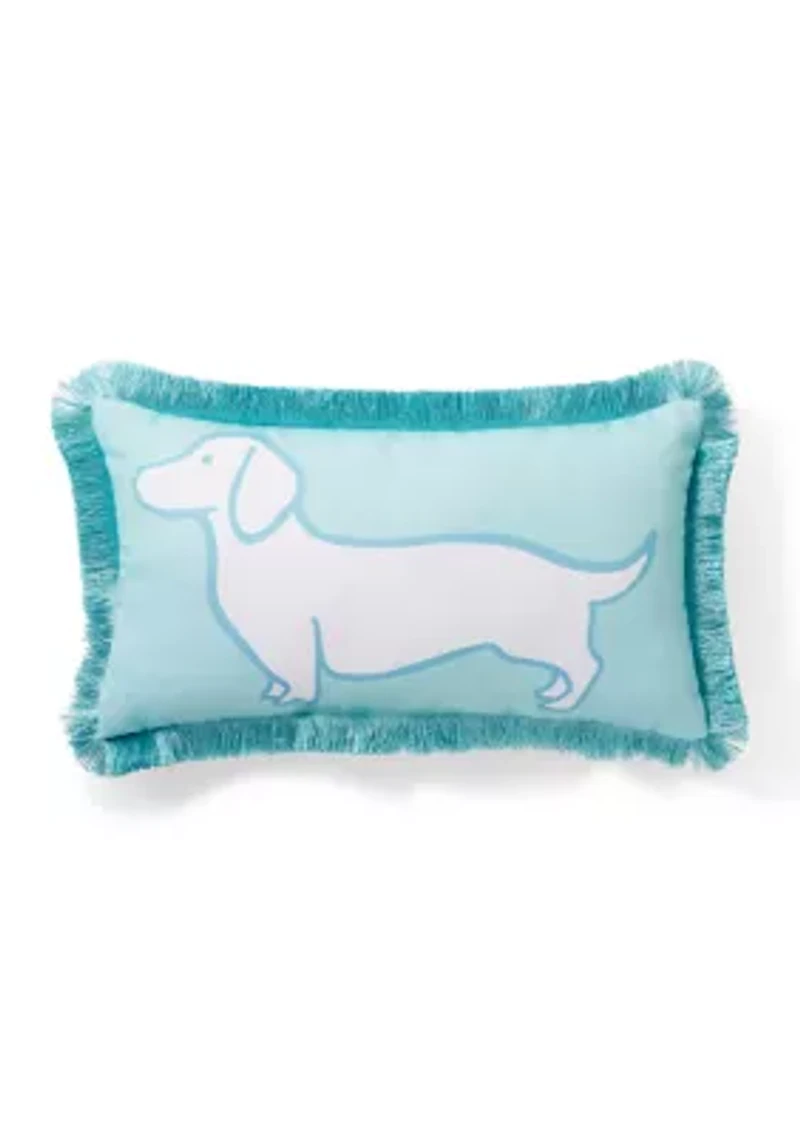 Dog Teal Lumbar Outdoor Pillow with Fringes
