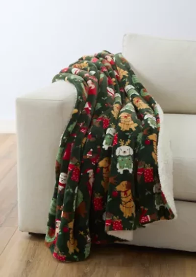 Green Pups Printed Sherpa Throw Blanket
