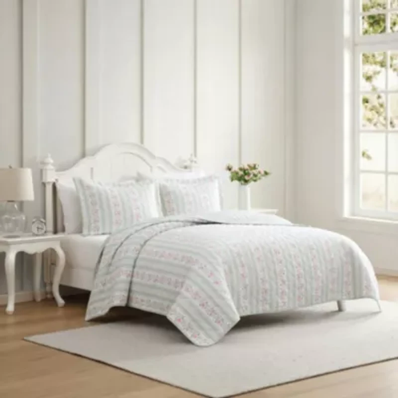 Rosebud Stripe Cotton Quilt Set