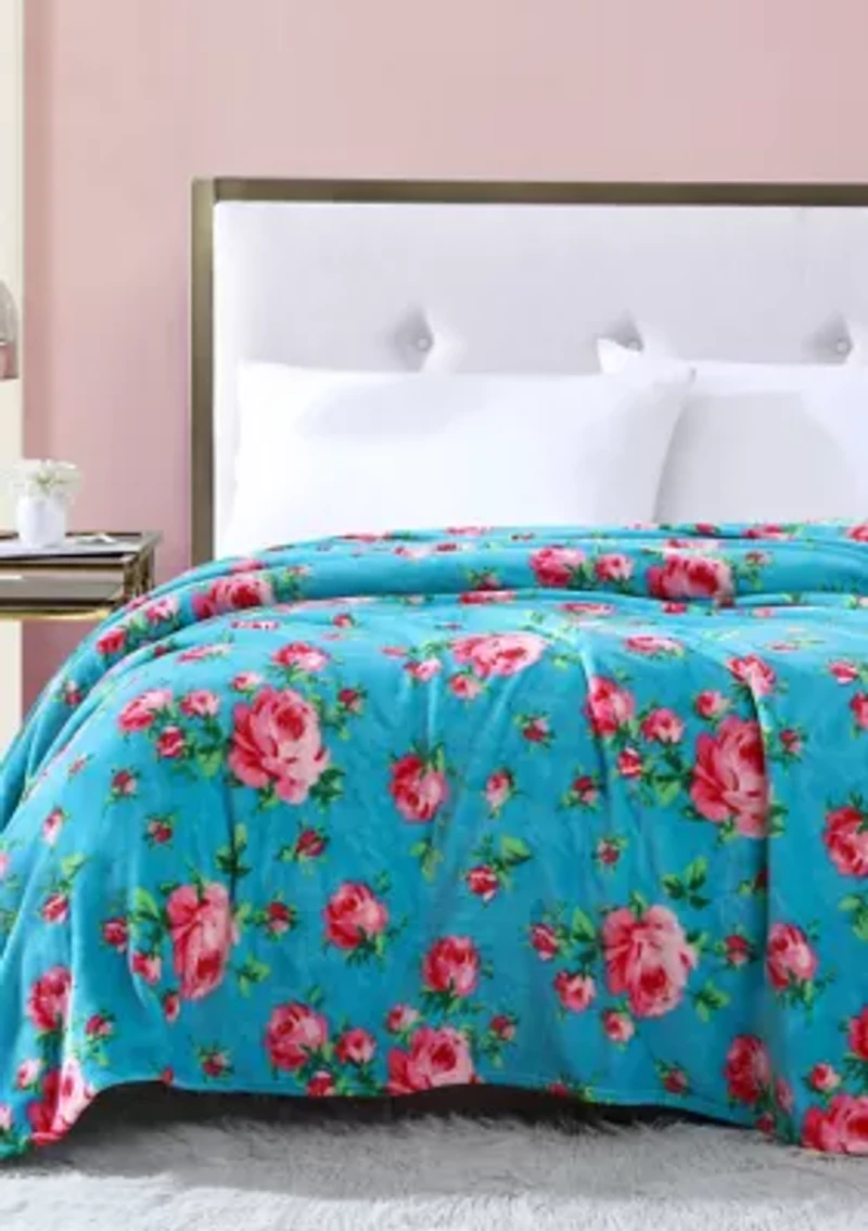 Bouquet Day Turquoise Plush Blanket