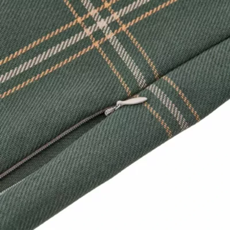 HiEnd Accents Windowpane Plaid Green Modern Rustic Bedding Buckle Detailed Lumbar Pillow, 14x36 inch