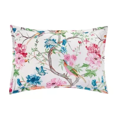 HiEnd Accents Rowan Washed Linen Watercolor Botanical Floral and Birds Design Dutch Euro Pillow, 27" x 39"