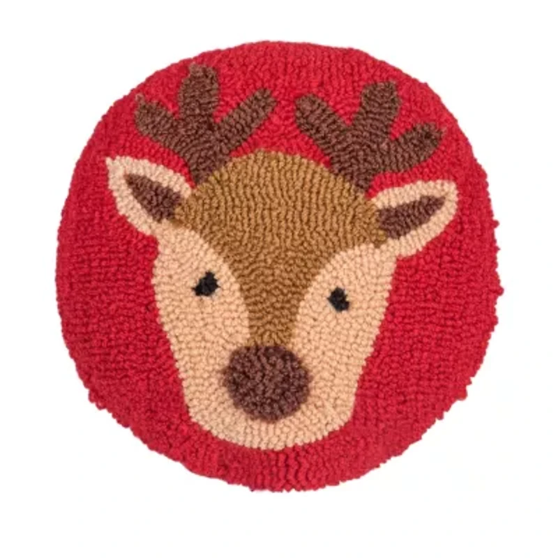 10" x 10" Mini Round Reindeer Hooked Throw Pillow