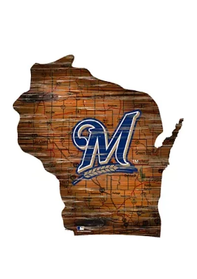 MLB Milwaukee Brewers 24in. Distressed State w/Logo Sign