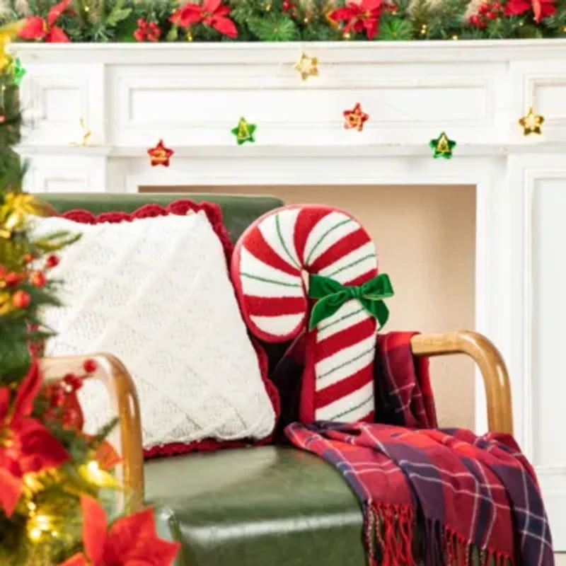 15.75"H Hooked Christmas Candy Cane Shaped Pillow