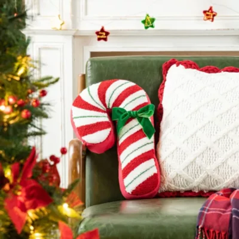 15.75"H Hooked Christmas Candy Cane Shaped Pillow