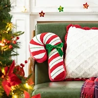 15.75"H Hooked Christmas Candy Cane Shaped Pillow