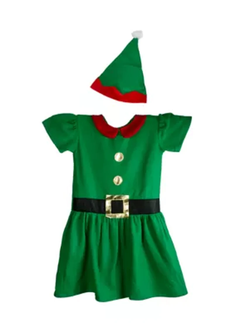 28Inch Green and Red Girl's Elf Christmas Costume - 6-8 Years