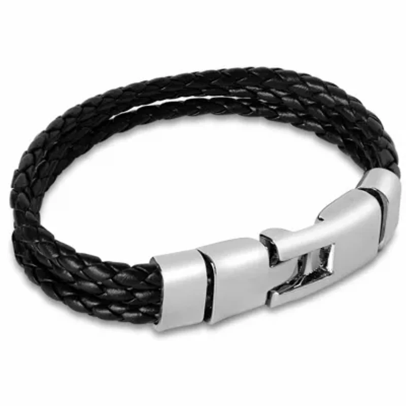 Bruno Magli Mens Three Strand Braided Leather Bracelet