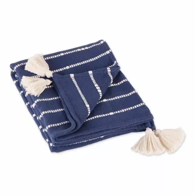 Slub Stripe Cotton Throw Blanket, Hand Tied Corner Tassels
