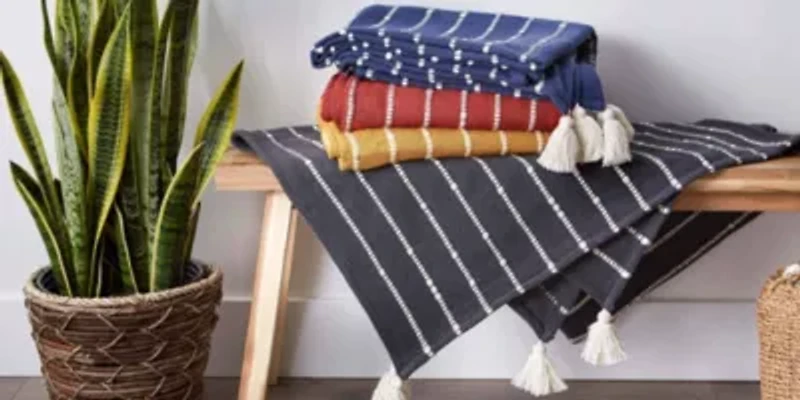 Slub Stripe Cotton Throw Blanket, Hand Tied Corner Tassels