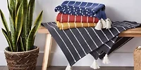 Slub Stripe Cotton Throw Blanket, Hand Tied Corner Tassels