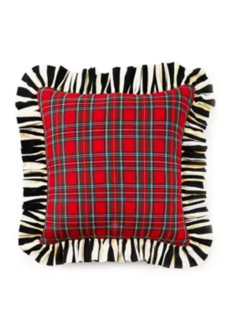 Red Tartan and Stripe Ruffle Pillow