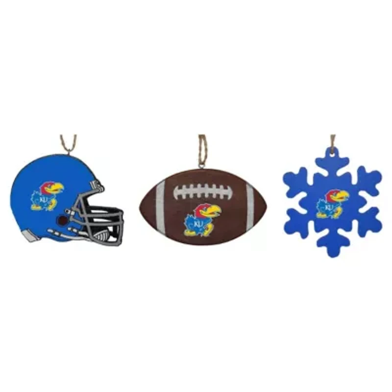 NCAA Kansas Jayhawks Three-Pack Helmet, Football & Snowflake Ornament Set