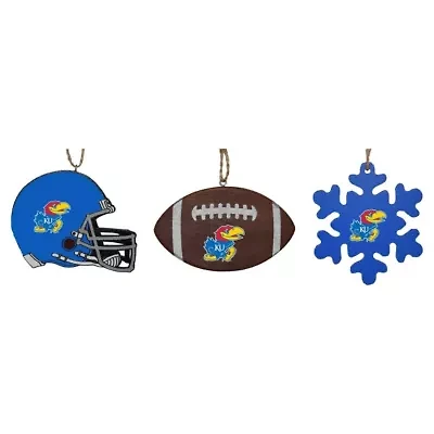 NCAA Kansas Jayhawks Three-Pack Helmet, Football & Snowflake Ornament Set
