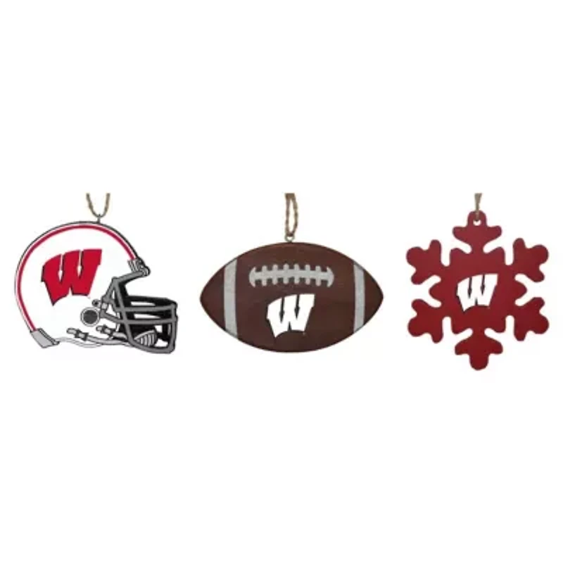NCAA Wisconsin Badgers Three-Pack Helmet, Football & Snowflake Ornament Set
