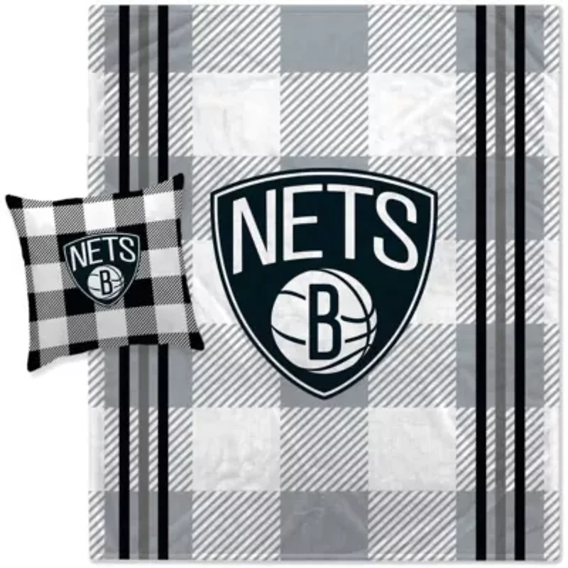 NBA Brooklyn Nets Plaid Stripes Blanket and Pillow Combo Set
