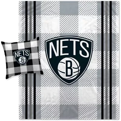 NBA Brooklyn Nets Plaid Stripes Blanket and Pillow Combo Set