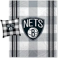 NBA Brooklyn Nets Plaid Stripes Blanket and Pillow Combo Set