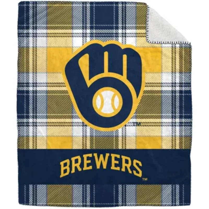 MLB Milwaukee Brewers 50" x 60" Plaid Flannel Sherpa Plush Blanket