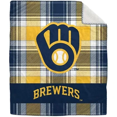 MLB Milwaukee Brewers 50" x 60" Plaid Flannel Sherpa Plush Blanket