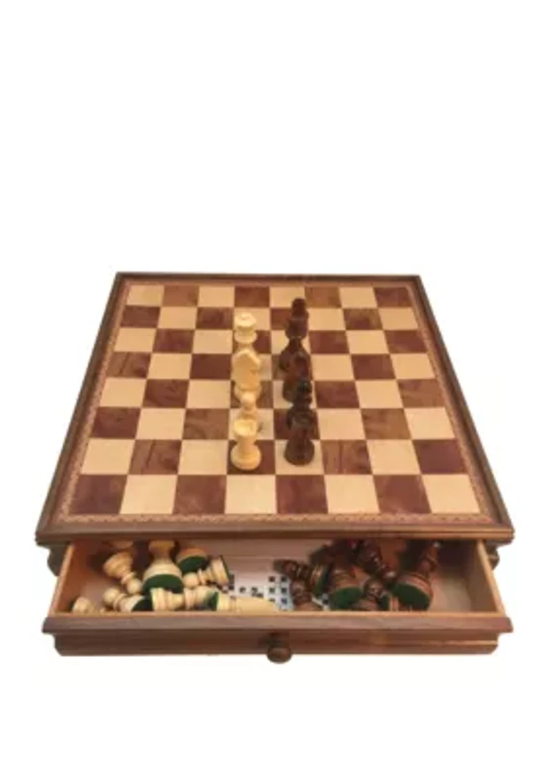 15-inch Walnut and Maple Drawer Chest Chess Set