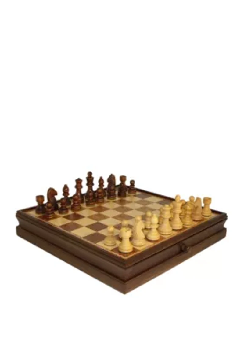15-inch Walnut and Maple Drawer Chest Chess Set