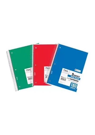 Spiral 5 Subject Notebook, Wide Ruled, 180 Sheets Per Book, Pack of 3