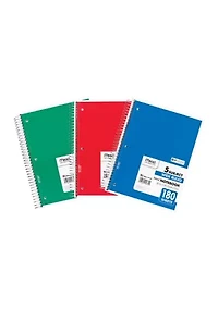 Spiral 5 Subject Notebook, Wide Ruled, 180 Sheets Per Book, Pack of 3