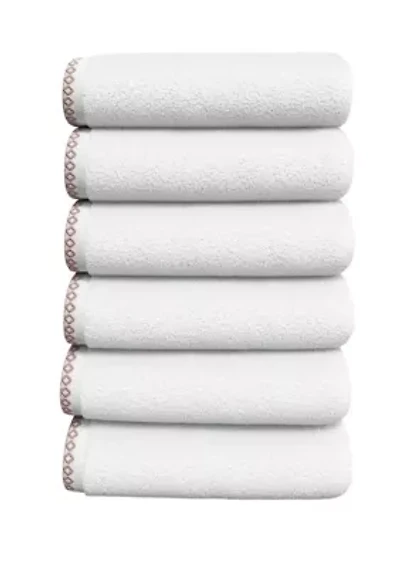Quick-Dry Cotton Decorative Border 6 Pack Hand Towel Set
