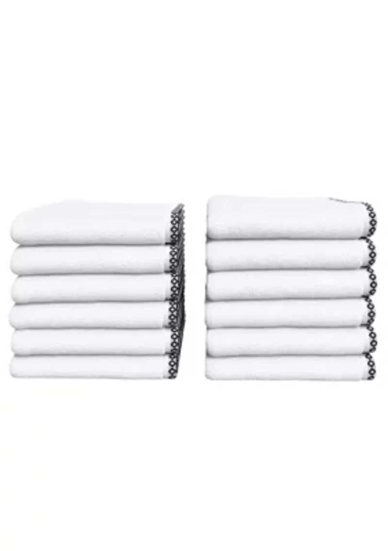 Quick-Dry Cotton Decorative Border 12 Pack Washcloth Set