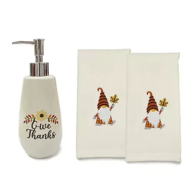 Give Thanks Gnome 3-piece Lotion Dispenser & 2 Fingertip Towel Sets