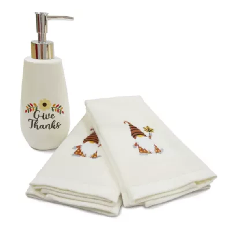 Give Thanks Gnome 3-piece Lotion Dispenser & 2 Fingertip Towel Sets