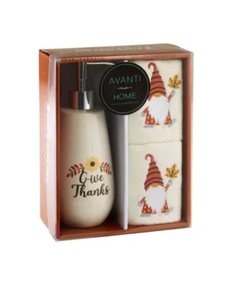 Give Thanks Gnome 3-piece Lotion Dispenser & 2 Fingertip Towel Sets