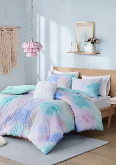 Cassiopeia Watercolor Tie Dye Printed Comforter Set with Throw Pillow
