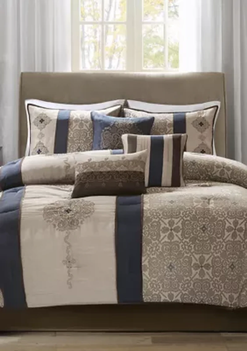 Donovan	7-Piece Jacquard Comforter Set- Navy