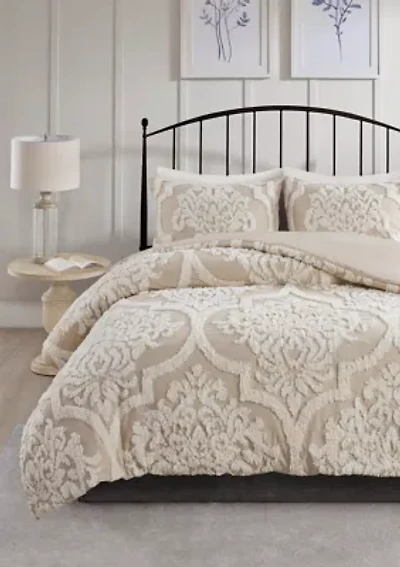 Viola 3 Piece Tufted Cotton Chenille Damask Comforter Set