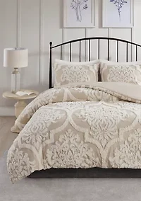 Viola 3 Piece Tufted Cotton Chenille Damask Comforter Set
