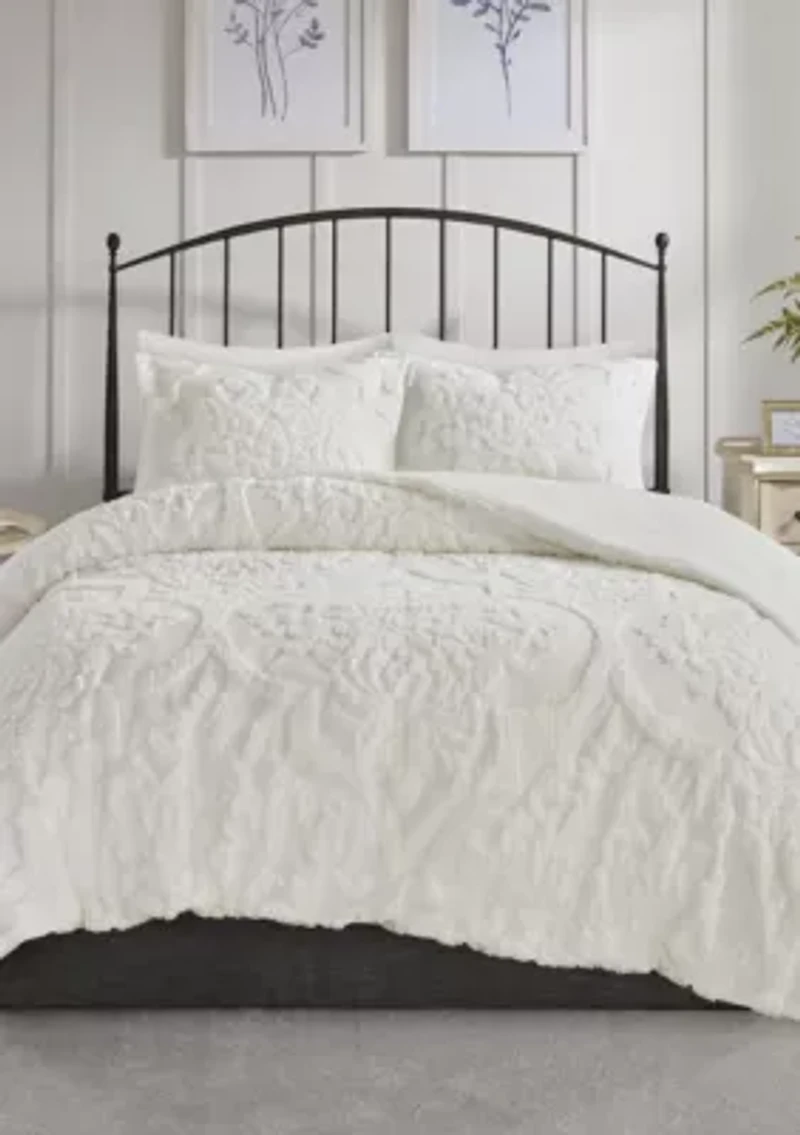 Viola 3-Piece Tufted Cotton Chenille Damask Comforter Set