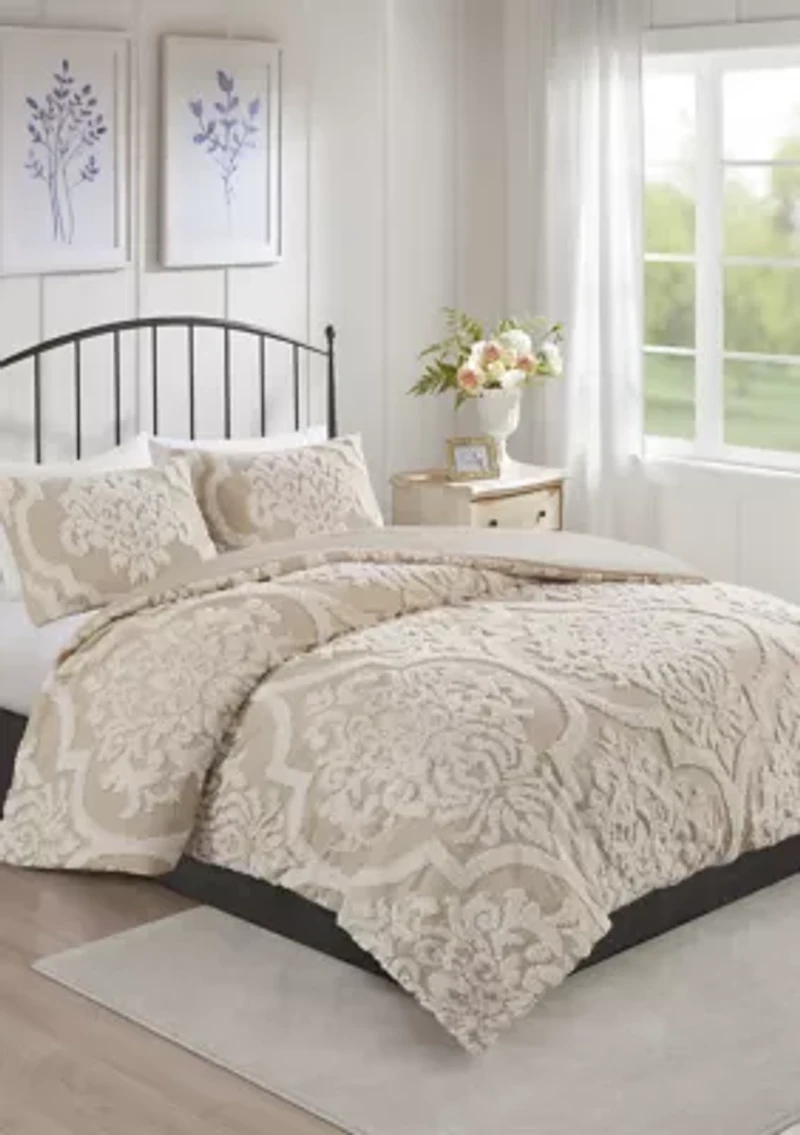 Viola 3 Piece Tufted Cotton Chenille Damask Comforter Set
