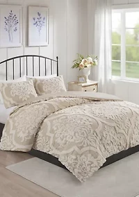 Viola 3 Piece Tufted Cotton Chenille Damask Comforter Set